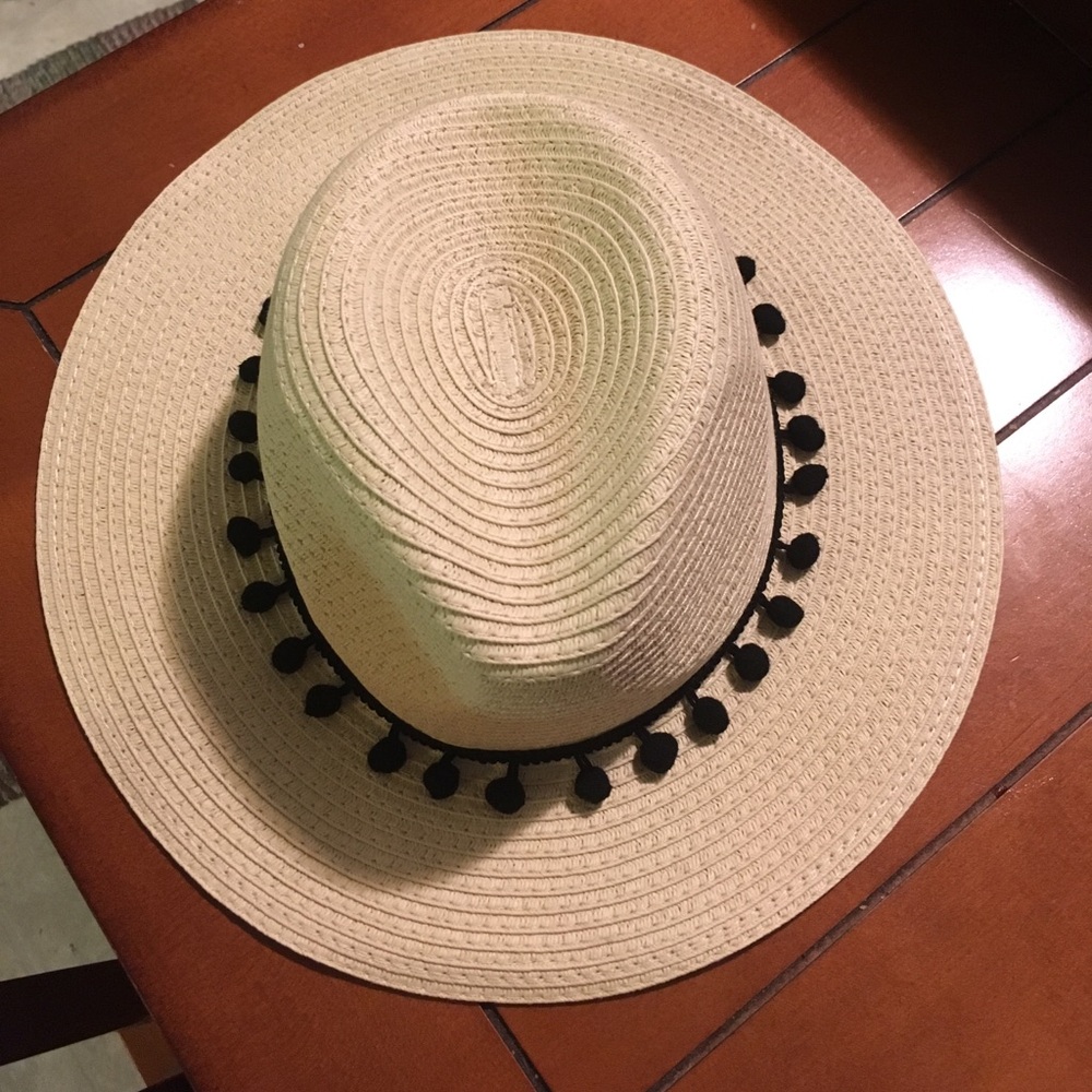 Rachel Zoe Tan Hat with Black Pom-Pom Trim